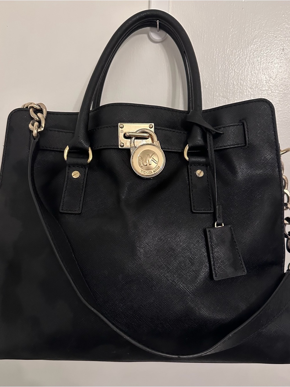 Michael Kors Black Leather Tote with Gold-Tone Lock